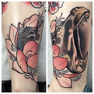 Hippopotamus and lotus flower tattoo by Tim Tavaria. #neotraditional #TimTavaria #flower #lotus #hippo #hippopotamus
