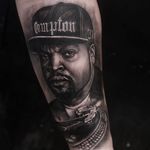 Ice Cube tattoo by Alex Legaza #AlexLegaza #musictattoos #blackandgrey #realism #realistic #hyperrealism #portrait #IceCube #rapper #Compton #records #vinyl #rap #snapback #recordplayer #tattoooftheday