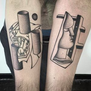 Abstract Tattoos on the arms by Caleb Kilby @CalebKilby #CalebKilby #CalebKilbyTattoo #Blackwork #Minimalist #Linework #Black #TwoSnakesTattoo #London #Abstract