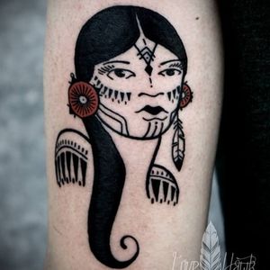 Native lady tattoo by David Hale #DavidHale #nativewoman #native #feather