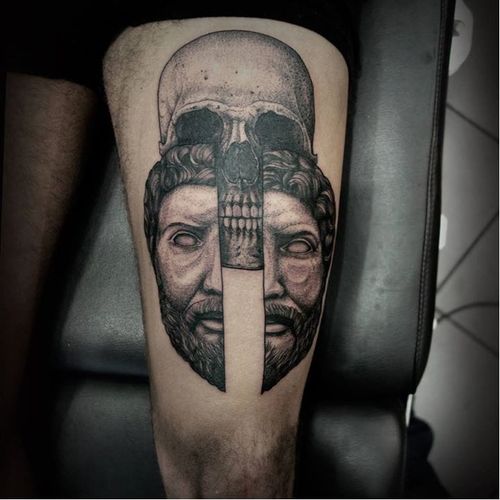 Creative tattoo by Oked #Oked #blackwork #surrealistic #portrait #skull