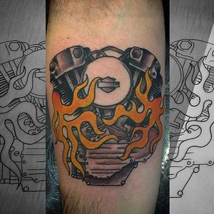 Engine Tattoo by Max Slatter #engine #mechanical #traditional #MaxSlatter
