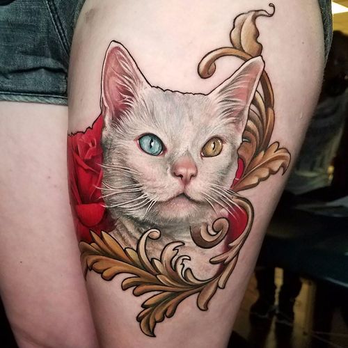 Rococo kitty by Sarah Miller #SarahMiller #traditional #realism #mashup #realistic #hyperrealism #ornamental #cat #rose #nature #eyes #color #tattoooftheday