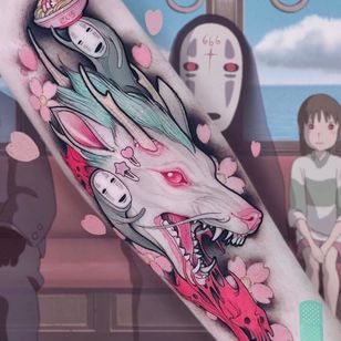 Tatuaje Haku and No Face de Brando Chiesa #BrandoChiesa #color #neotraditional #anime #manga #cherryblossoms #studioghibli #noface #haku #dragon #yokai #ghost #demon #spirit #folklore