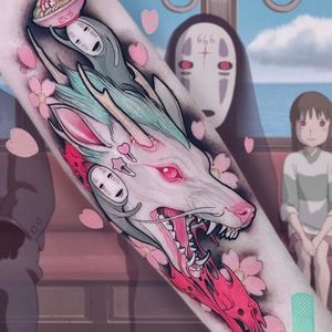 Haku and No Face tattoo by Brando Chiesa #BrandoChiesa #color #neotraditional #anime #manga #cherryblossoms #studioghibli #noface #haku #dragon #yokai #ghost #demon #spirit #folklore
