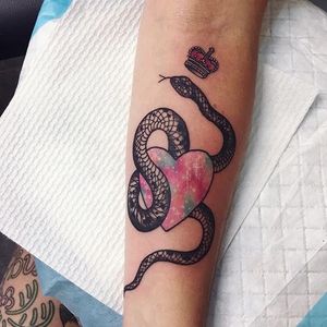 Heart + serpent tattoo by Lauren Winzer. #Lauren Winzer #girly #heart #snake #serpent #crown #sparkly #