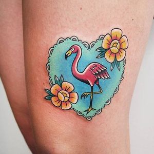 Bright and colorful flamingo and heart piece by Jessica Channer. #flamingo #heart #flowers #bird #JessicaChanner