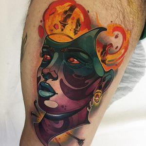 Lady tattoo by Cristian Casas #CristianCasas #kasaink #ladytattoo #lady #color #scifi #robot #portrait #ladyhead #electricity #fire #newtraditional #lips #eyes #tattoooftheday