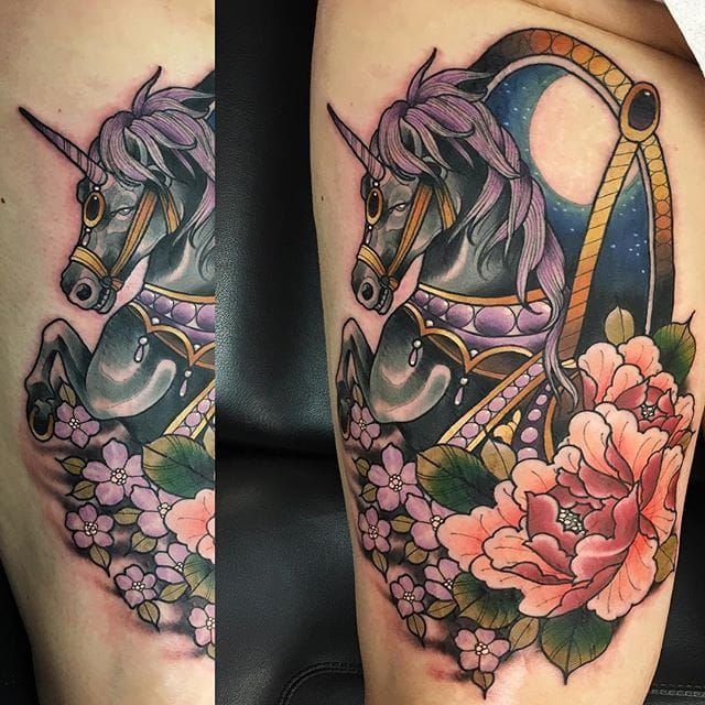 Alien and unicorn tattoo by Jake Hand TattooNOW