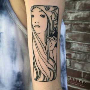 Alphonse Mucha tattoo by Patrick Macdonald #PatrickMacdonald #arttattoos #blackwork #linework #AlphonseMucha #mucha #Artnouveau #lady #portrait #pen #ink #famouspainting #tattoooftheday