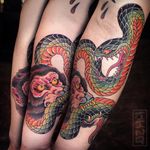 Snake versus monkey by Jin Qchoi #JinQchoi #animaltattoos #color #japanese #animal #junglelife #monkey #chimpanzee #snake #reptile #scales #fight #fangs