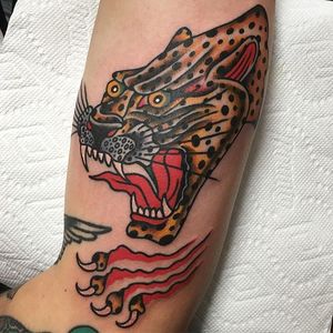 Traditional leopard via instagram mikeyholmestattooing #leopard #traditional #cat #color #bigcat #MikeyHolmes
