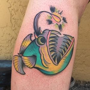 Angler Tattoo by Nick Stambaugh #angler #anglertattoo #traditonal #traditionaltattoo #brighttattoos #neon #neontattoo #colorful #quirky #creativetattoos #NickStambaugh