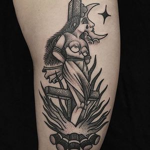 Burning Witch Tattoo by Eric Stricker #witch #witchtattoo #burningwitch #burningwitchtattoo #witchhunt #witchhunttattoo #horrortattoo #EricStricker