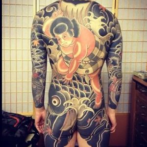 An awesome bodysuit of Kintaro by Horihan. #Horihan #Irezumi #Japanese #Kintaro #Koi #traditional