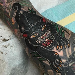 Blast over tattoo by Billy White. #blastover #traditional #panther