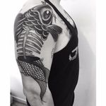 Dead koi tattoo by Abes #Abes #blackwork #surrealistic #skeleton #deadfish #koi #koicarp