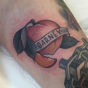 Neo traditional peach and banner tattoo by Jean La Roux. #peach #fruit #banner #neotraditional #JeanLaRoux