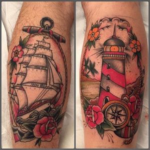 Ship and Lighthouse Tattoo by Davide Andreoli #ship #lighthouse #maritime #traditional #oldschool #classic #traditionalartist #DavideAndreoli