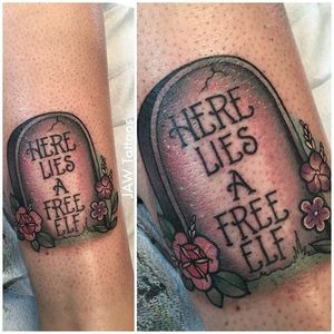 Harry Potter tattoo by Jessica White. #JessicaWhite #jawtattoos #neotraditional #harrypotter #hp #book #movie #gravestone #dobby