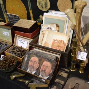 Human bones, vintage medical items and antique keys and photography among other things at the Obscura Antiques booth at the Philadelphia Tattoo Arts Convention. (photo by Katie Vidan) #obscuraantiques #oddities #philadelphiatattooconvention