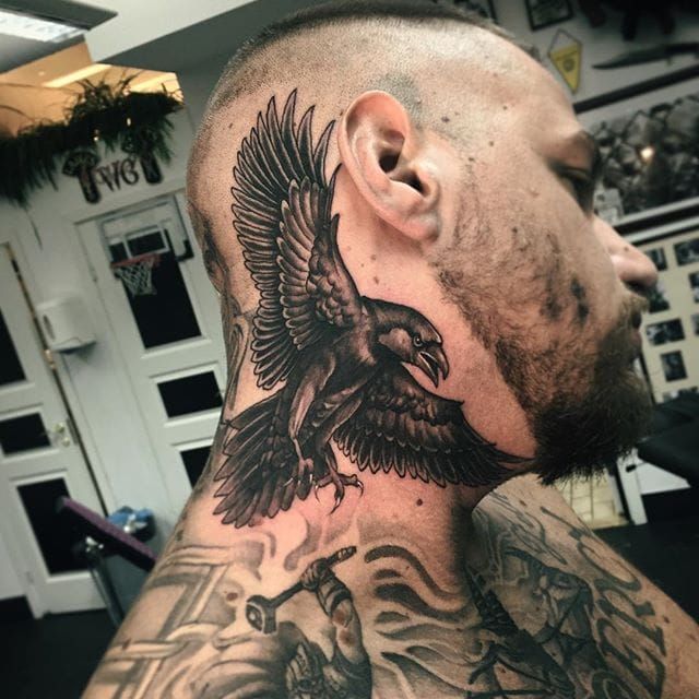 Finally got my neck finished Raven with a skull crest Done by Kodie  Smith billericay tattoo emporium  rtattoo