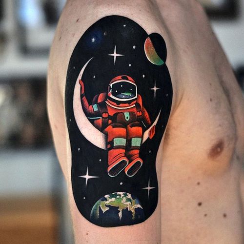Tattoo by David Cote @thedavidcote #space #color #unique #astronaut #moon #earth #stars