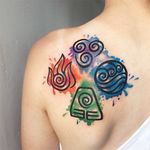 Graphic watercolor tattoo by Jessica Channer featuring the four elements from "Avatar: The Last Airbender". #avatar #thelastairbender #elements #graphic #watercolor #inksplatter #JessicaChanner