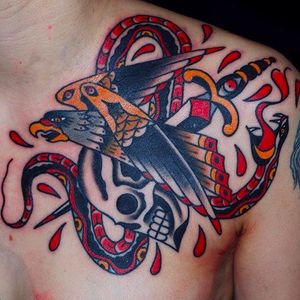 A beautiful and timeless combination of the eagle, snake, dagger and skull. Solid tattoo by Shamus Mahannah. #shamusmahannah #traditionaltattoo #traditional #eagle #snake #dagger #skull