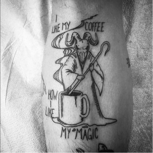 Black magic tattoo by Liz Kim #blackmagictattoo #coffee #coffeetattoo #ramskull #magic #wizard #linework #blackwork #lizkim