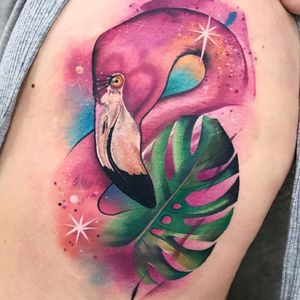 Pink Flamingo tattoo by Freddie Albrighton #FreddieAlbrighton #watercolortattoos #color #painterly #watercolor #Flamingo #leaf #tropical #bird #pink #nature #animal #stars #sparkle