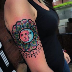 A vibrant sun and moon mandala with jewels by Jeremy Sloo Hamilton (IG—slootattoos). #JeremySlooHamilton #jewels #mandala #moon #ornamentation #sun #vibrant #watercolor