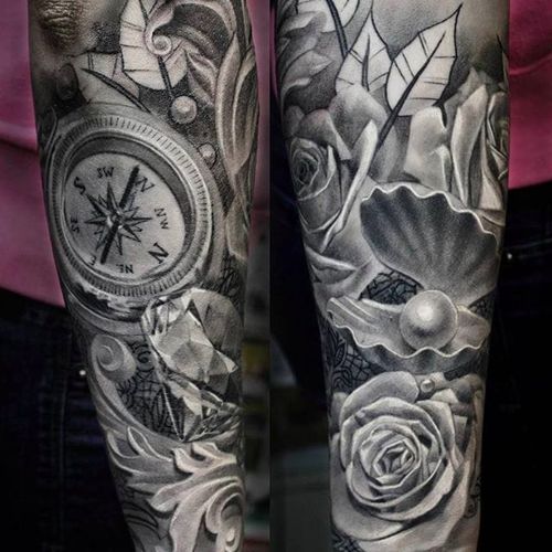 Beautiful forearm tattoo done by Anastasia Forman. #AnastasiaForman #realistic #blackandgray #rose #pearl #compass