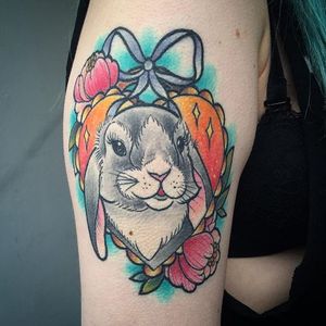 Adorable floppy eared bunny tattoo by Isobel Juliet Stevenson. #cute #girly #IsobelJulietStevenson #bunny #rabbit #neotraditional #heart #flower