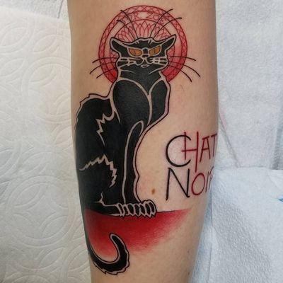 Chat Noir tattoo by Marie Scherping #MarieScherping #arttattoos #color #painting #newtraditional #cat #Artnouveau #text #font #kitty #stainedglass #pattern #blackcat #famouspainting #poster #french #petportrait #tattoooftheday