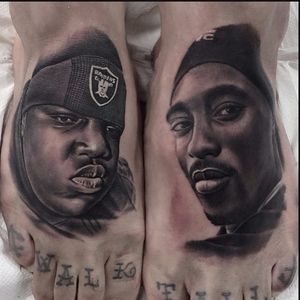 Black and grey BIG and 2Pac portrait tattoo by Pete Belson. #blackandgrey #petethethief #PeteBelson #portrait #notoriousbig #tupacshakur