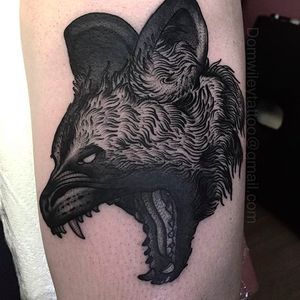 Blackwork hyena tattoo by Dom Wiley #Hyena #black #hyenatattoo #DomWiley #blackwork #linework