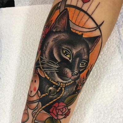 Tattoo by Guen Douglas #GuenDouglas #neotraditional #color #kitty #cat #petportrait #animal #rabbit #bunny #rose #leaves #floral #flower #moon #nature