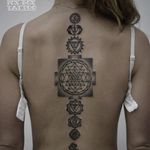 Chakra tattoo by Alexey Rebrunov #AlexeyRebrunov #geometric #ornamental #chakra #spine #dotwork #blackwork