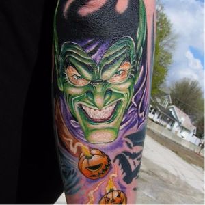 Green Goblin Tattoo by Matthew Davidson #greengoblin #greengoblintattoo #greengoblintattoos #spiderman #spidermantattoo #comic #comicbook #marvel #marveltattoos #MatthewDavidson