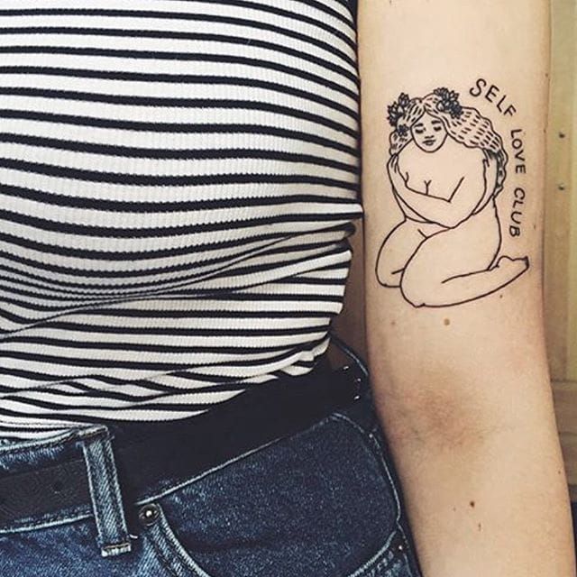 Tattoo uploaded by Alex Wikoff • Self Love Club tattoo alongside an original Cannon illustration via instagram frances_cannon #selfloveclub #francescannon #mentalhealth #selflove #bodypositivity #text #illustration • Tattoodo