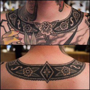 Collar Tattoo by Jason Donahue #collartattoo #traditionalcollar #collarbonetattoo #JasonDonahue