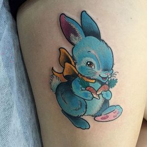A cute little blue bunny hopping away with its carrots. Tattoo by Kitty Dearest #rabbit #bunny #cute #KittyDearest #TheBlackMark