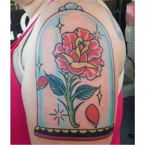 Beauty and the Beast tattoo by Justin Pino. #beautyandthebeast #disney #fairytale #traditional #rose