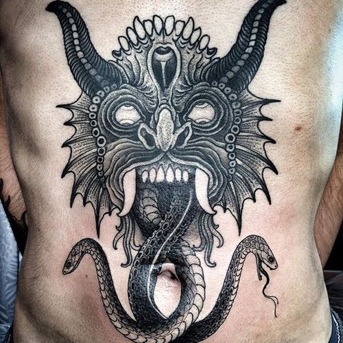 Snake Demon Tattoo by Tim Beijsens #snake #demon #blackwork #blackworktattoo #blackworktattoos #dark #darktattoo #darktattoos #blackink #blackinktattoo #blackworkartist #TimBeijsens