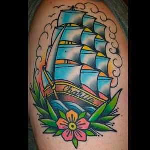 Beautiful ship tattoo done by Nate Graves. #NateGraves #Sacred #michigan #neotraditional #galleon #ship