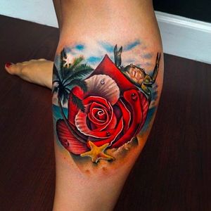 Tropical Island Rose Tattoo by Andrés Acosta @Acostattoo #AndrésAcosta #Acostattoo #Rose #Rosetattoo #Rosetattoos #Austin #Island #Islandtattoo #beach #beachtattoo