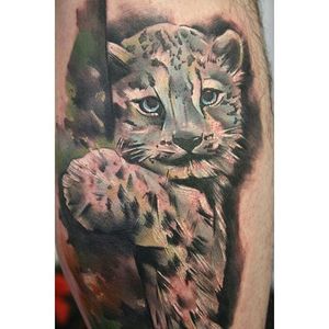 Painterly snow leopard tattoo by Charlotte Ross. #realism #colorrealism #painterly #CharlotteRoss #cat #bigcat #leopard #snowleopard