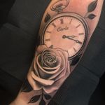 Givin love a lil time by Willy Gratton #WillyGratton #WillyG #realism #realistic #hyperrealism #blackandgrey #time #clock #watch #name #script #rose #leaves #tattoooftheday
