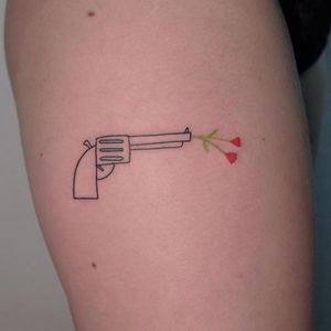 Bang Bang He Shot Me Down tattoo by Victor Zabuga #VictorZabuga #smalltattoos #linework #minimal #tiny #gun #flowers #peace #makelovenotwar #antiviolence #color #tattoooftheday